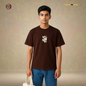 A man wearing a brown premium cotton t-shirt with a anime character design from Demon Slayer
